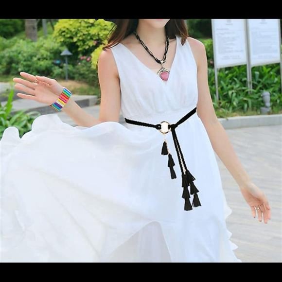 Women Girls PU Leather Waist Belt Chain Skinny Rope with Double Tassel for Dress main image 7